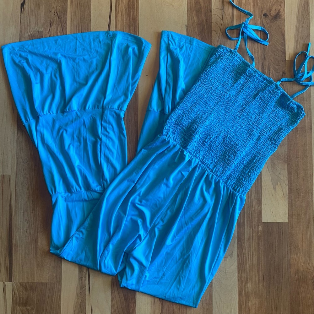 Blue Tiered Ruffle Wide Leg Shoulder-Tie Smock Jumpsuit